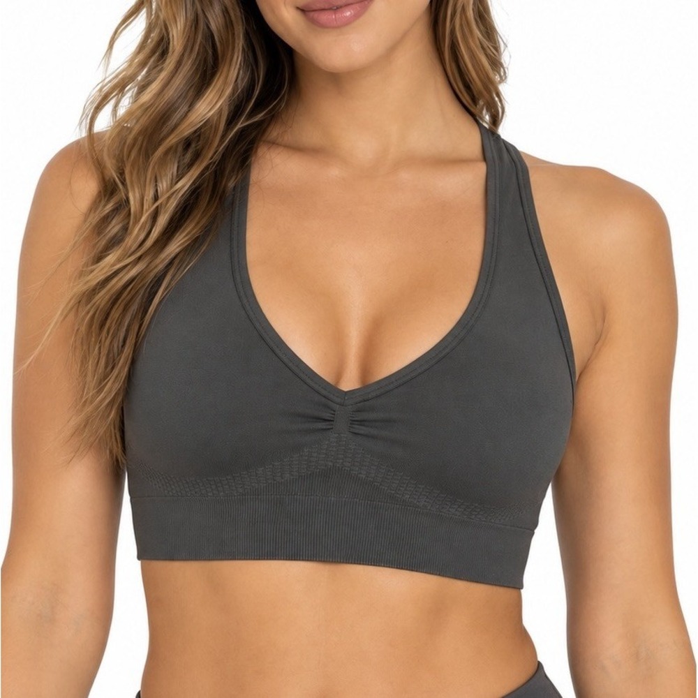 Free People FP Movement Sports Bra Large Gray Racerback Ribbed Bralette New